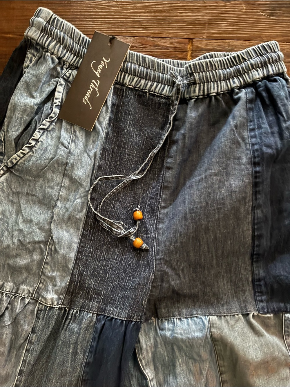 Boho Patchwork Flare Jeans — Cream & Blue NWT - Picture 4 of 5